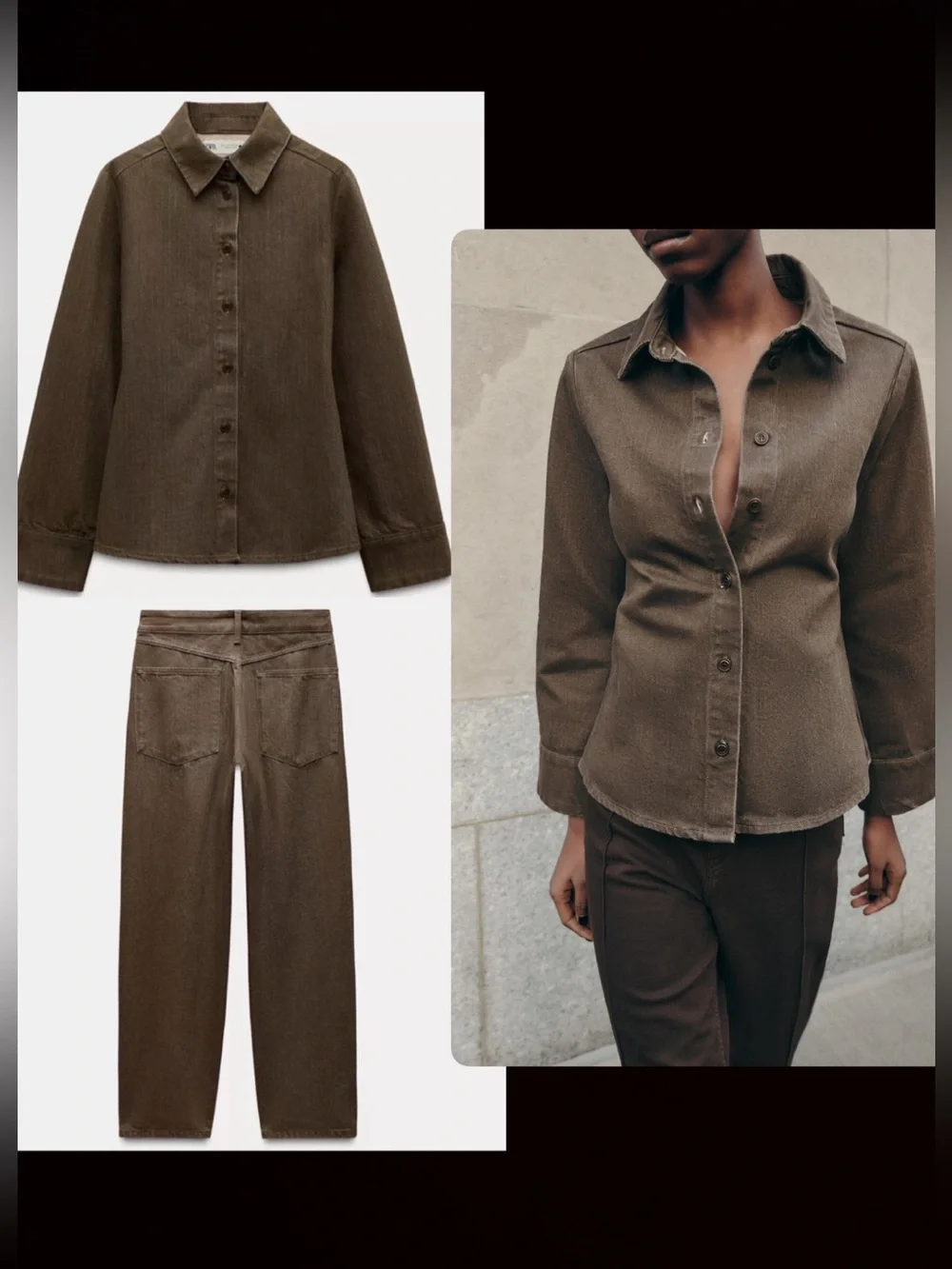 Zara NWT 2 piece matching SET brown Button-Up Shirt & barrel leg jeans